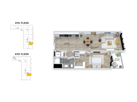 Floor plan for 1 bed, 1 bath, 883 sqft